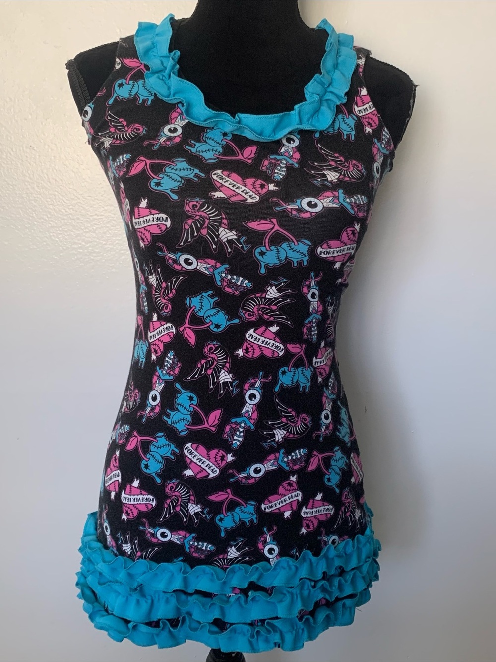 Too Fast Black Tank Top with Teal and Pink Graphic Accents